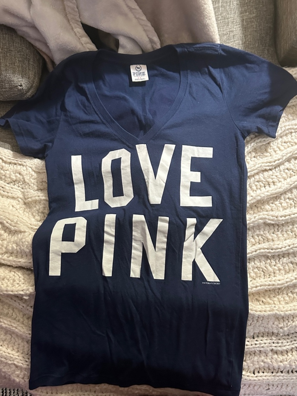 Victoria's Secret PINK Navy 'LOVE PINK' V-Neck Tee